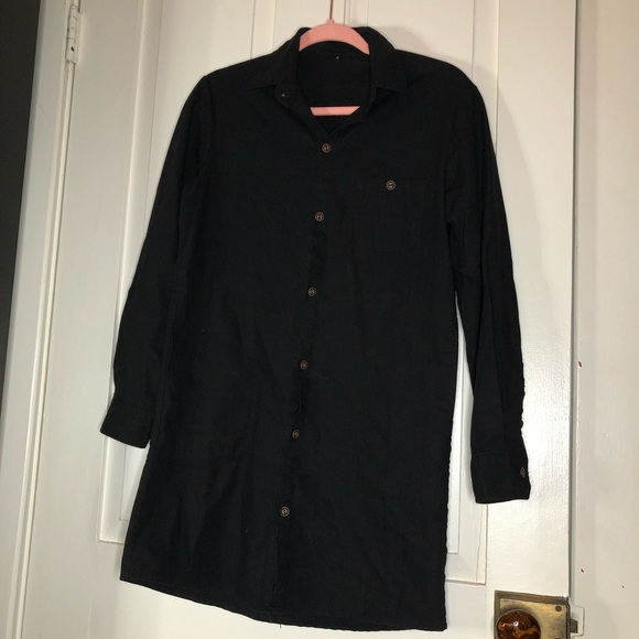Black long sleeve button up linen dress w/ pockets - Picture 1 of 5